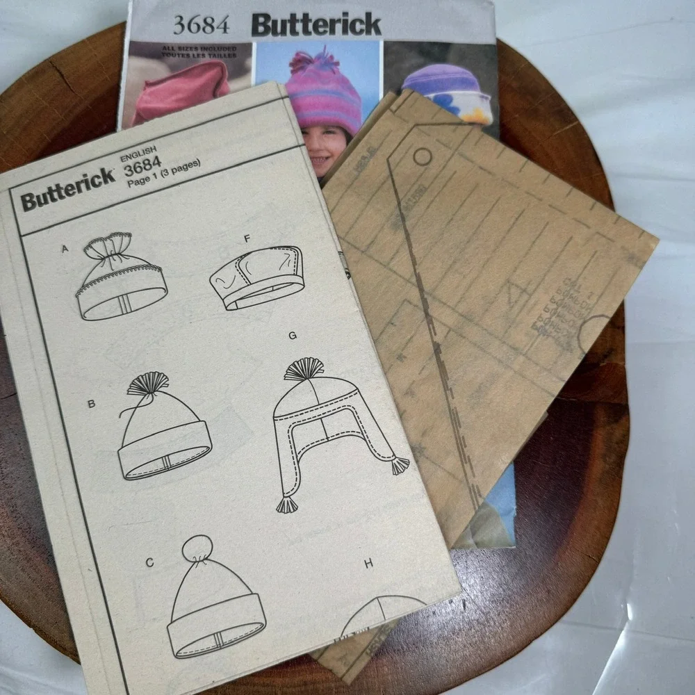 Butterick 3684 Childrens Hat Sewing Pattern Multi Size Beanie Beret Trapper Easy